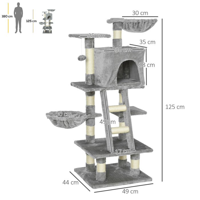 Plush Kitty Playhouse with Sisal Scratching Posts - 1.2m Multi-Level Cat Tree with Basket, Perch, and Condo - Ideal for Play, Rest, and Claw Health, Light Gray