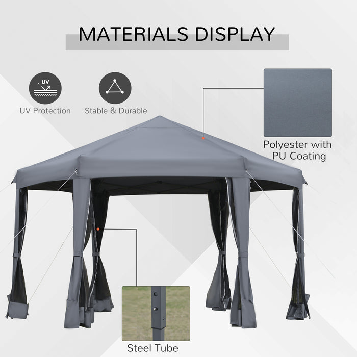 3.2m Canopy Rentals Hexagonal Pop Up Gazebo - Outdoor Canopy Tent with Sun Protection and Mesh Sidewalls, Includes Handy Carry Bag - Ideal for Parties, Events, and Garden Shade in Grey