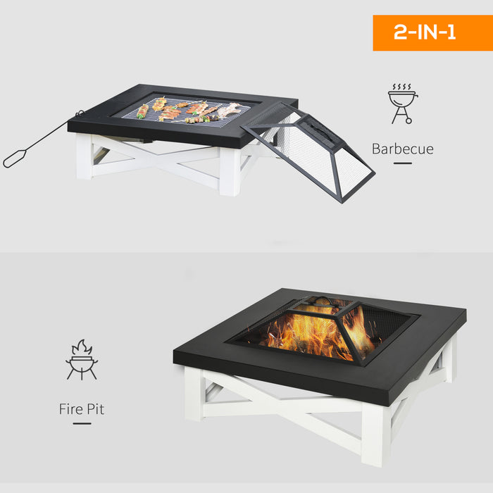 Metal Large 3-in-1 Square Fire Pit - Outdoor Brazier with BBQ Grill, Lid, Log Grate & Poker - Perfect for Backyard Bonfires, 86 x 86 x 38cm, Black