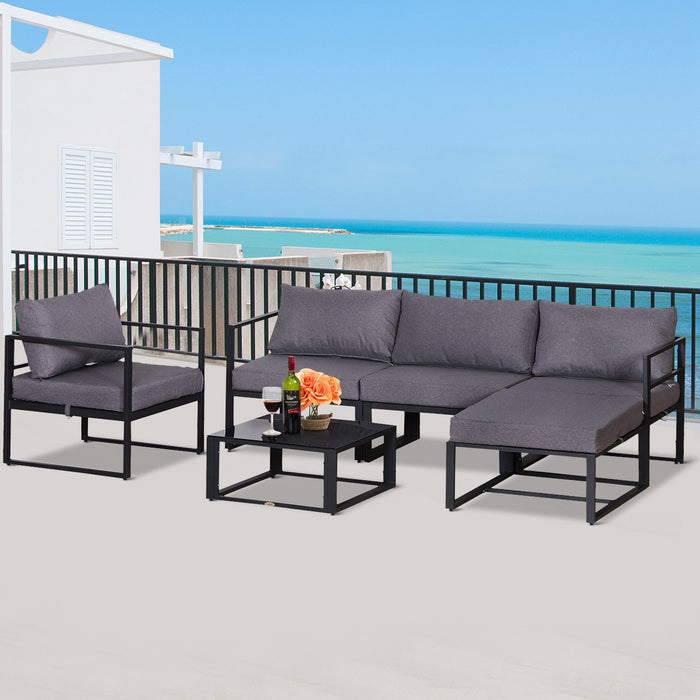 Aluminium Frame 5-Seater Sectional Sofa Set with Footrest - Outdoor Indoor Thick Padded Cushions and Coffee Table - Comfortable Lounging for Patio or Living Room