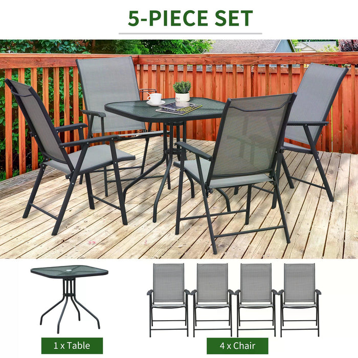 Classic 5-Piece Patio Ensemble - Foldable Steel Chairs & Glass-Top Table with Texteline Comfort - Outdoor Dining Set with Parasol Hole for Garden Spaces