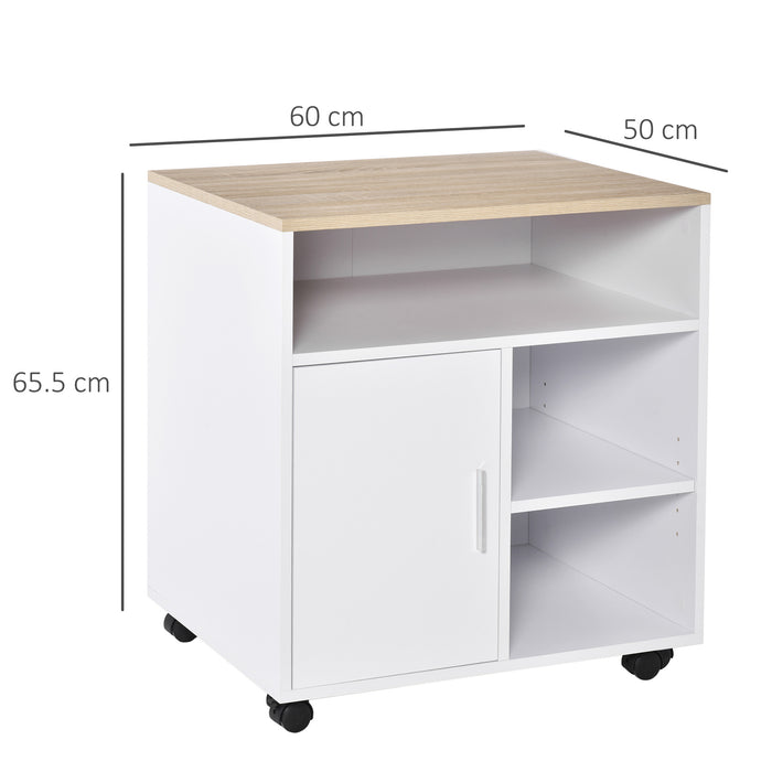 Multi-Functional Mobile Printer Stand with Wheels - Spacious Office Desk Side Organizer, Oak Finish, 60x50x65.5 cm - Ideal for Workspace Storage & Mobility