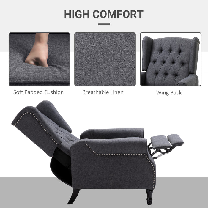 Reclining Wingback Armchair with Button Tufted Back - Dark Grey Living Room Chair with Footrest - Comfortable Lounging for Home Relaxation