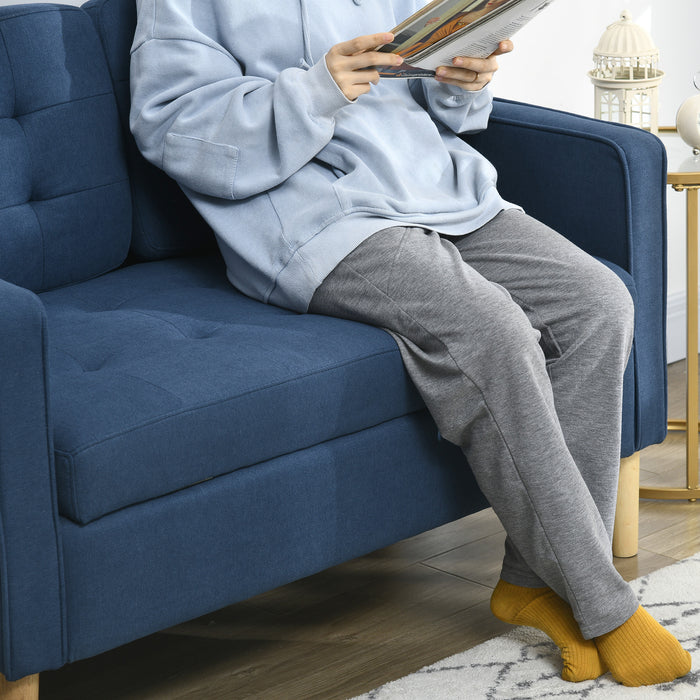 Compact 2-Seater Loveseat with Storage - Modern Tufted Cotton Sofa, Wooden Legs in Blue - Ideal for Small Spaces & Adding Extra Storage