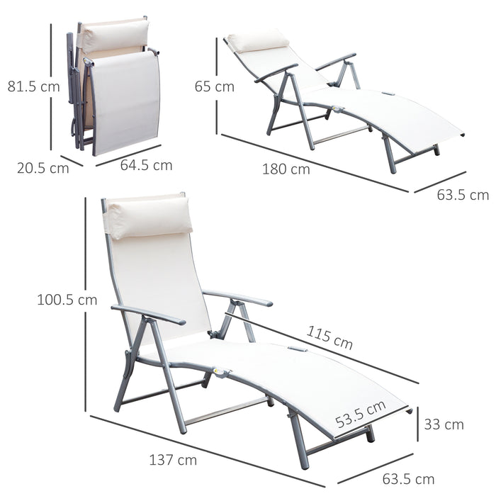 Outdoor Folding Chaise Recliner - Steel Frame Garden Lounger with 7-Level Adjustable Backrest and Headrest - Comfortable Patio Furniture for Sunbathing and Relaxation, Cream White