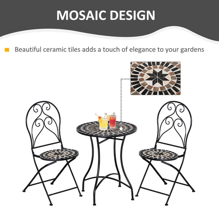 3 Piece Mosaic Bistro Set - Garden Outdoor Furniture with Tile Top Coffee Table & Folding Chairs - Perfect for Patio and Balcony Entertaining