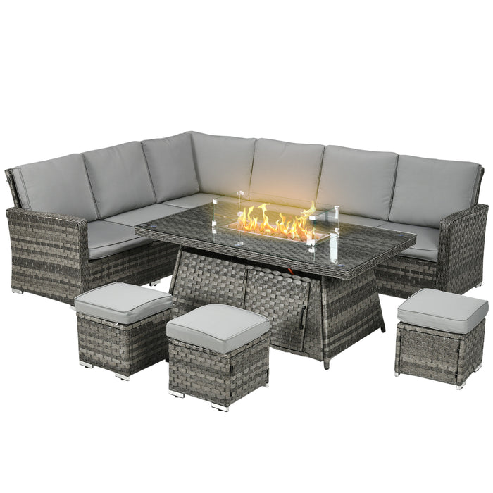 Luxury 9-Person PE Rattan Outdoor Sofa Set - Includes 50,000 BTU Gas Fire Pit Table & 3 Footstools - Perfect for Patio Gatherings and Cozy Evenings