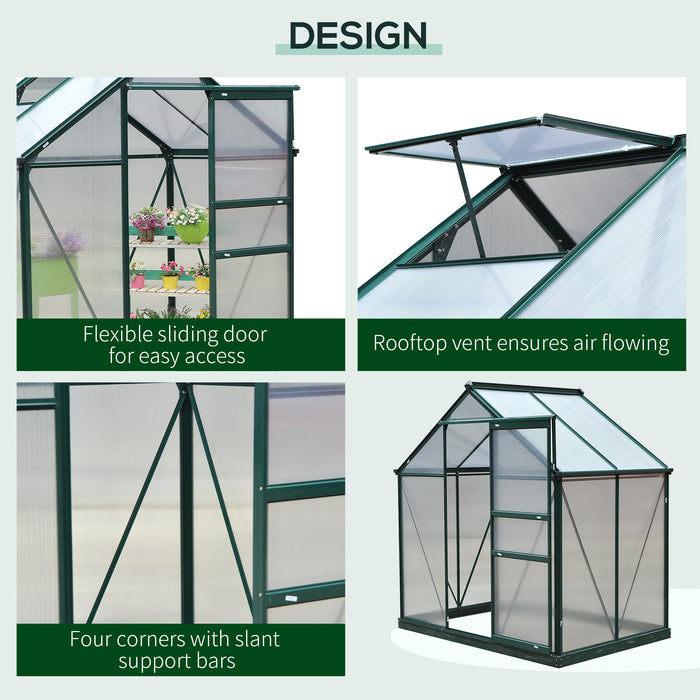 Large Walk-In Polycarbonate Greenhouse - Sturdy Aluminum Frame with Galvanized Base, 6x4 ft, Sliding Door - Ideal for Year-Round Gardening and Plant Growth