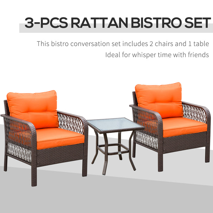 Outdoor 3-Piece PE Rattan Bistro Set - Wicker Armrest Chairs with Thick Padded Cushions and Coffee Table - Cozy Garden Patio Conversation Furniture, Orange