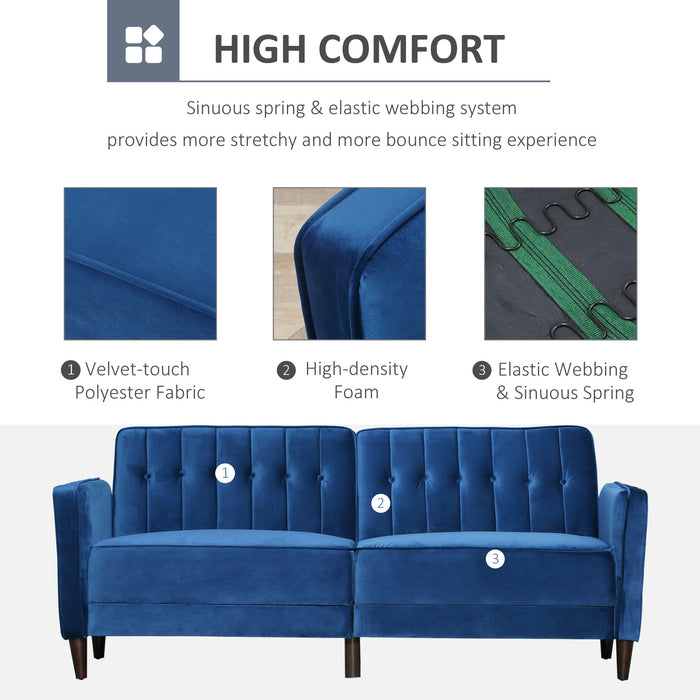 Convertible Velvet Sofa Futon - Tufted Loveseat with Adjustable Split Back Design - Stylish Compact Couch for Small Living Spaces, Blue