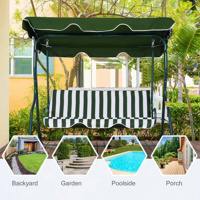 Steel 3-Seater Garden Swing Chair with Green Canopy - Outdoor Patio Furniture with Weather-Resistant Design - Ideal for Deck, Backyard, or Patio Relaxation