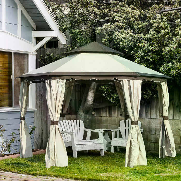 Steel Gazebo Canopy 3.4m - Garden Pavilion with 2 Tier Roof and Curtains, Beige - Ideal for Outdoor Parties and Patio Shelter