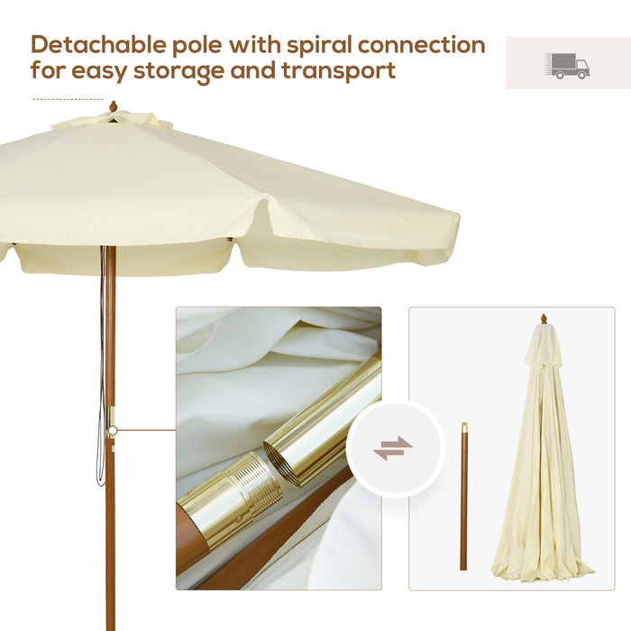 Garden Parasol with Bamboo Ribs - 3.3m Beige Patio Umbrella & Sun Shade Canopy with Ruffles, Wood Pole - Ideal for Outdoor Comfort and UV Protection