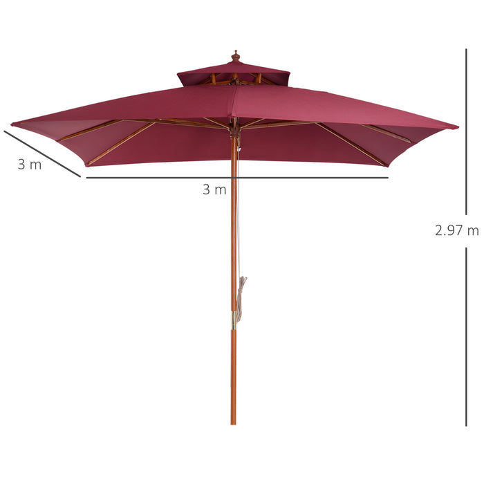 3M Bamboo Patio Umbrella - Wine Red Outdoor Parasol - Elegant Sunshade for Garden, Deck, and Patio