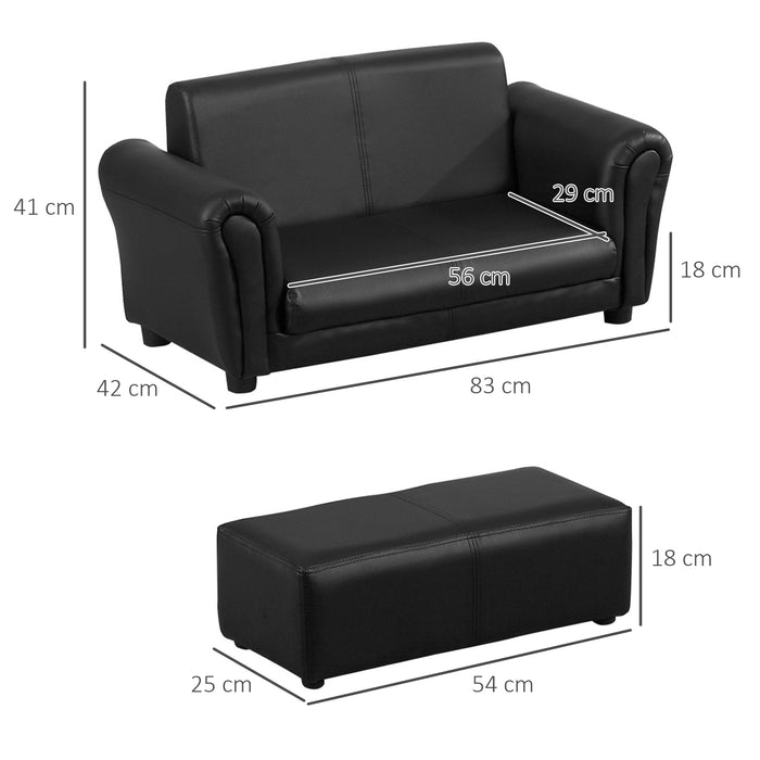 Kids Twin Sofa with Footstool - 2 Seater Toddler Chair in Black, Children's Double Seat Armchair - Perfect Couch for Boys and Girls Lounging and Play