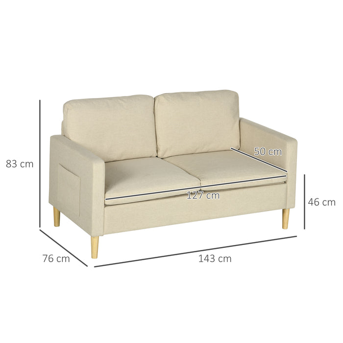 Modern 143cm Beige Loveseat - 2-Seater Fabric Sofa with Wood Legs and Dual Pockets - Ideal for Living Room, Bedroom, or Home Office