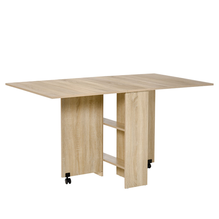 Mobile Oak Drop-Leaf Table - Space-Saving Folding Kitchen Desk with 2 Wheels & Storage - Ideal for Small Dining Areas and Workspaces