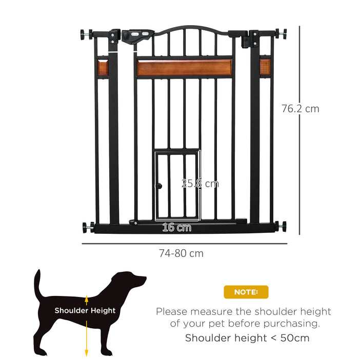 Pet Safety Gate with Cat Door - Auto-Close, Double-Locking, Decorative Pine Wood - Ideal for Doorways, Stairs, Indoor Areas, 74-80 cm Wide, Black