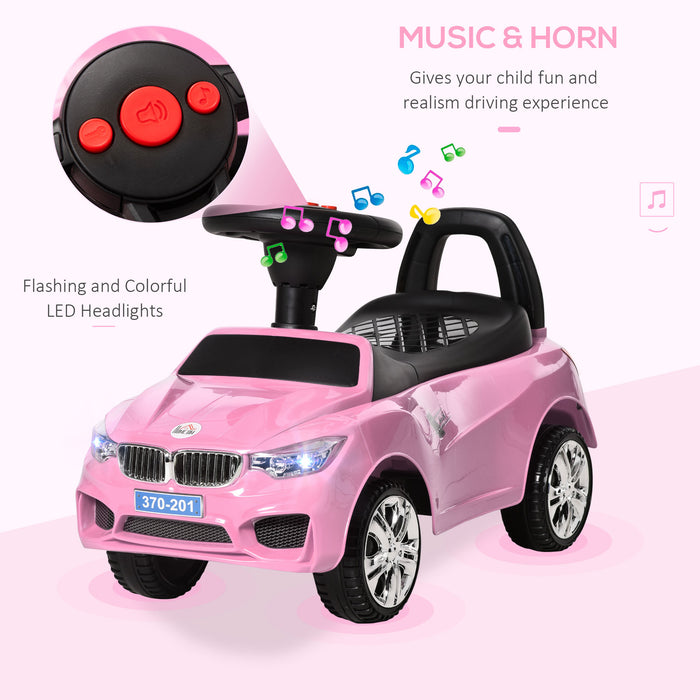 Toddler Sliding Ride-On Car with Music and Horn - Foot to Floor Slider Stroller with Working Lights and Hidden Storage - Large Steering Wheel, Pink, Ideal for Active Kids