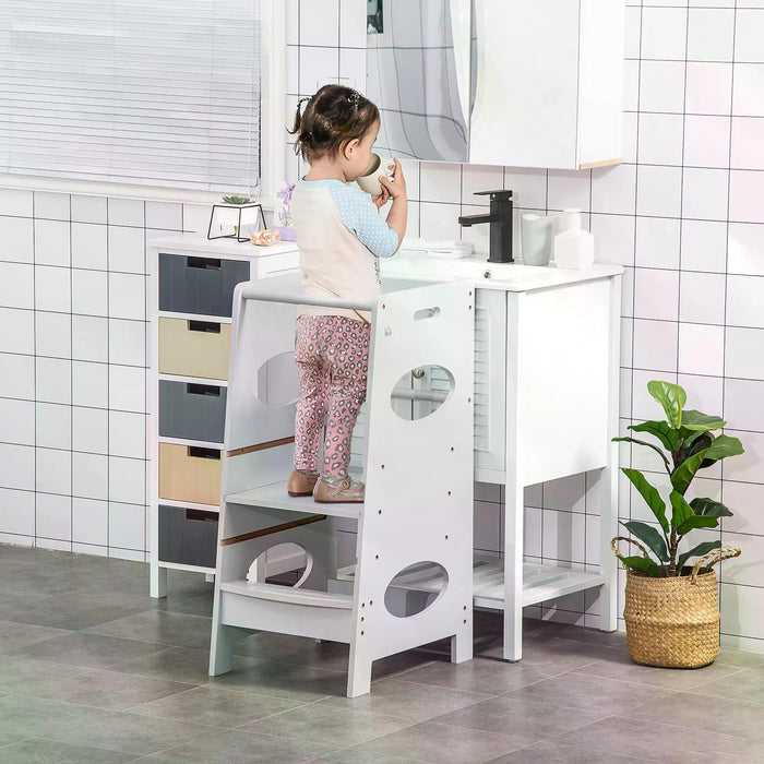 Kids Adjustable Standing Tower with Safety Rail - Toddler Step Stool for Kitchen Counter Assistance - Secure Grey Platform for Child Engagement in Cooking Activities