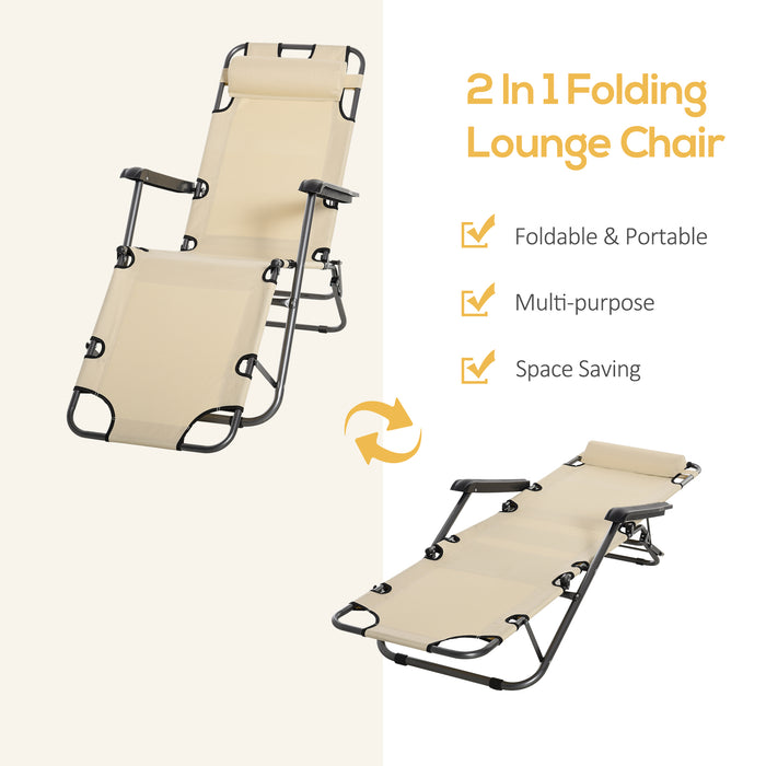 Foldable Sun Loungers Set of 2 - Adjustable Back, Pillow, Armrests, Outdoor Garden Reclining Chairs, Beige - Perfect for Patio Relaxation and Comfort