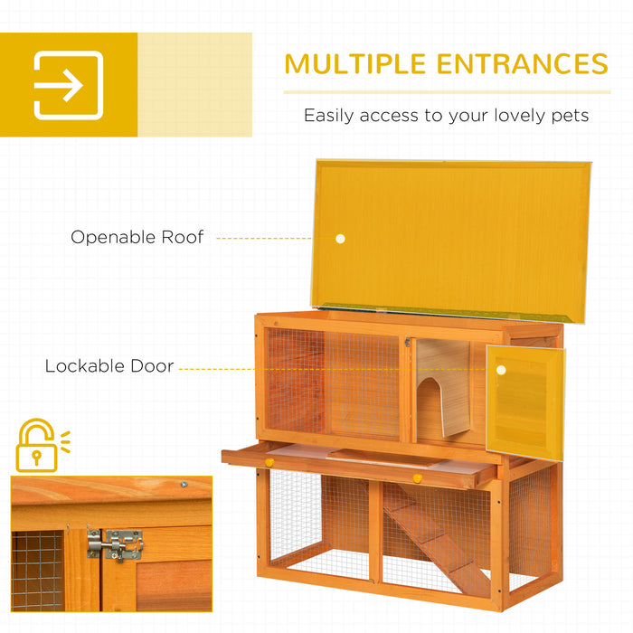 Double Decker Wooden Hutch for Rabbits and Guinea Pigs - 2-Tier Pet Cage with Sliding Tray and Opening Top - Ideal for Small Animal Housing and Easy Maintenance