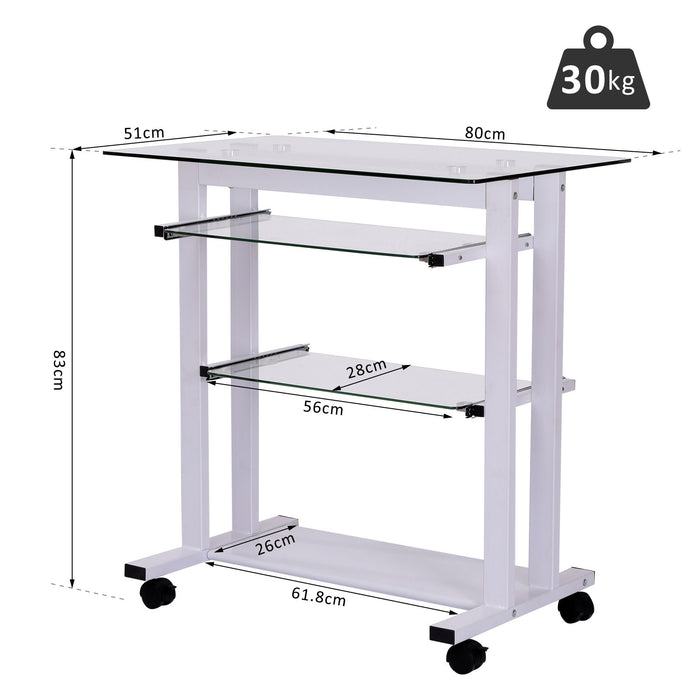 Mobile Glass Computer Desk - Wheeled Laptop Workstation with Sleek White Finish - Ideal for Home Office and Small Spaces