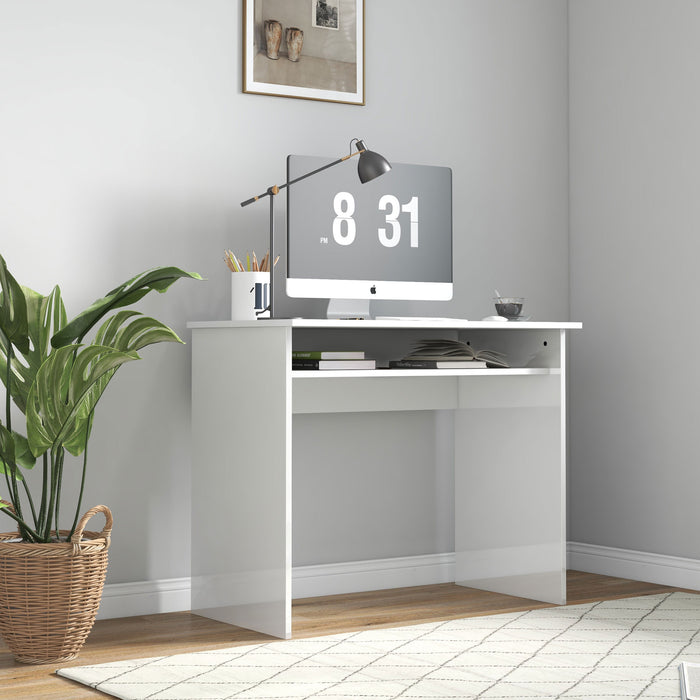 Modern High Gloss White Computer Table - 90x50cm Home Office Desk with Storage Shelf - Compact Writing Space for Small Areas