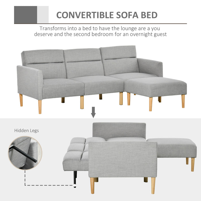 Linen Fabric L-Shaped Sofa Bed Set with Rubber Wood Legs - Corner Couch with Extra Footstool, Light Grey - Ideal for Comfort and Space-Saving Living Room Furniture