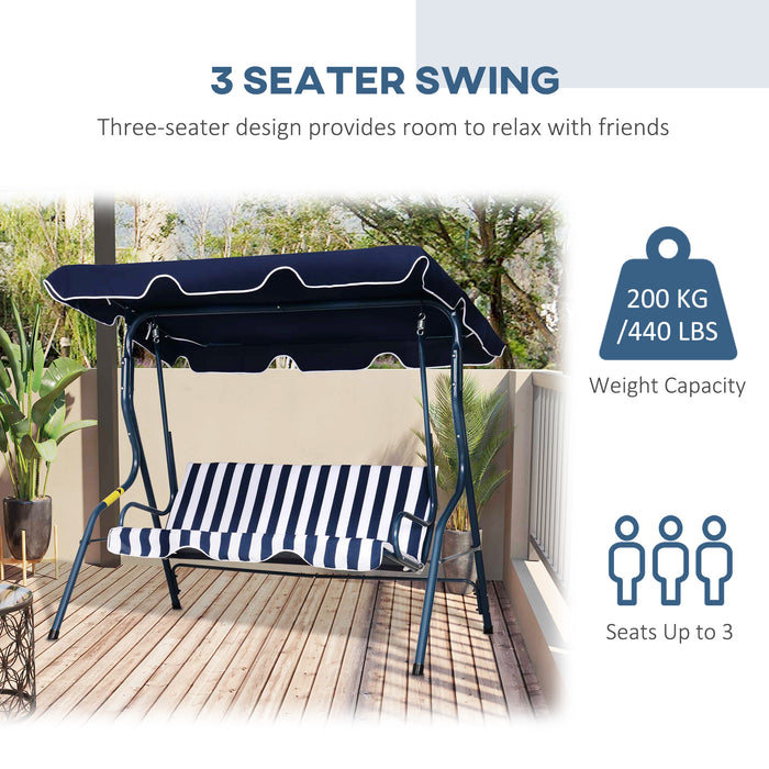 3 Seater Garden Swing Chair - Adjustable Canopy and Sturdy Metal Frame with Blue Stripe Cushions - Ideal for Patio Relaxation and Comfort