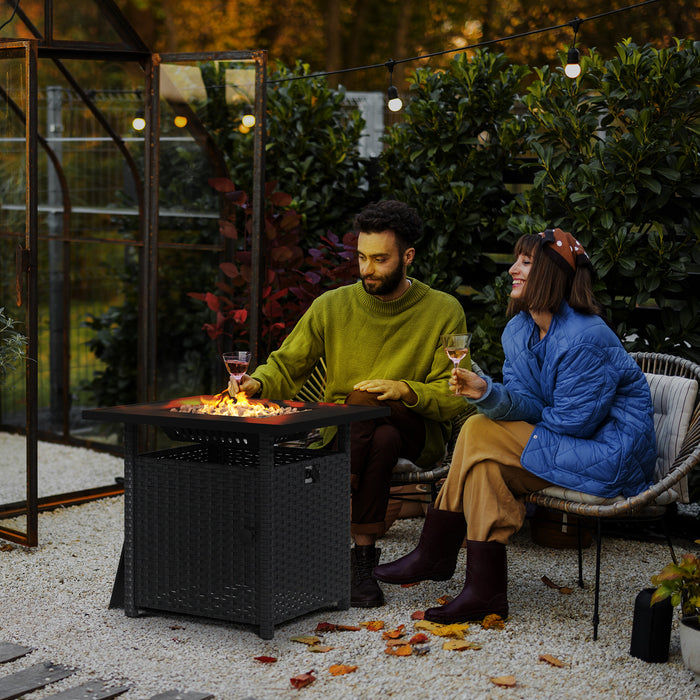 Outdoor PE Rattan Fire Pit Table - 50,000 BTU, Propane Power with Glass Wind Guard in Black - Ideal for Garden Entertainment and Warmth