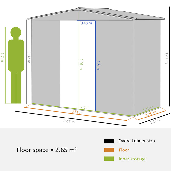 Metal Garden Storage Shed 8x4 ft - Lockable Door, Apex Roof, Steel Tool Organizer for Outdoor Use - Ideal for Backyard, Patio, Lawn Equipment Security