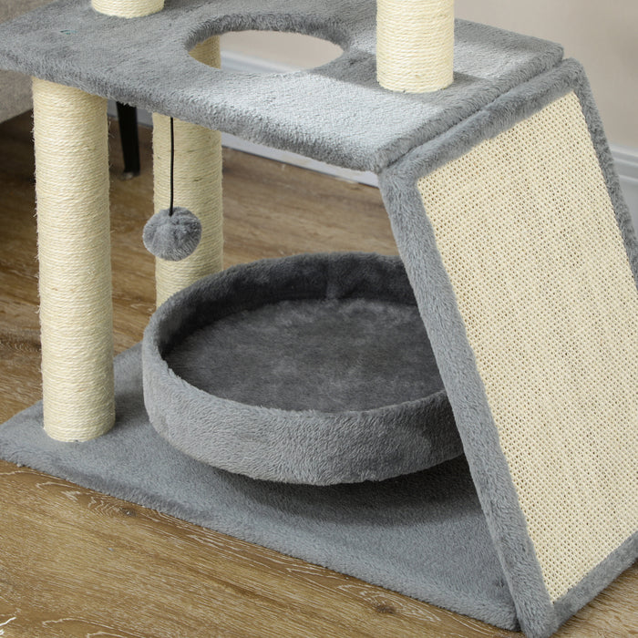 Cat Tree Tower with Multiple Features - Scratching Posts, Cushioned Pad, Cozy Bed, Elevated Perch & Playful Toy Ball - Perfect for Play & Rest for Felines