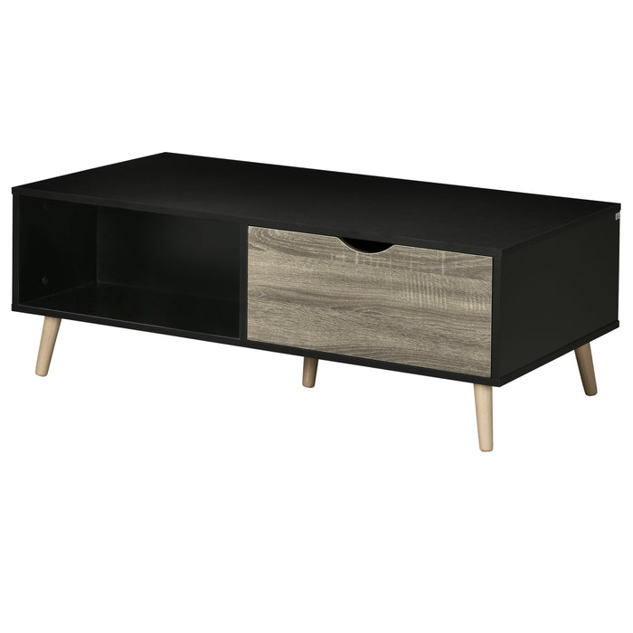 Modern Black Coffee Table with Storage - Open Shelves & Dual Drawers, Solid Wood Legs - Stylish Centerpiece for Living Room or Bedroom