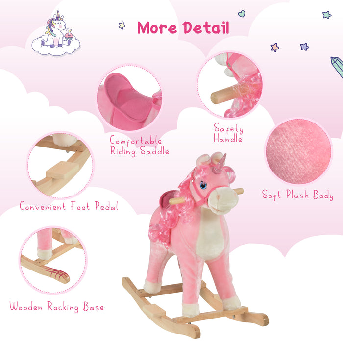 Plush Unicorn Rocking Horse - Soft Pink Ride-On Toy with Sound Effects - Entertaining and Soothing Play for Children