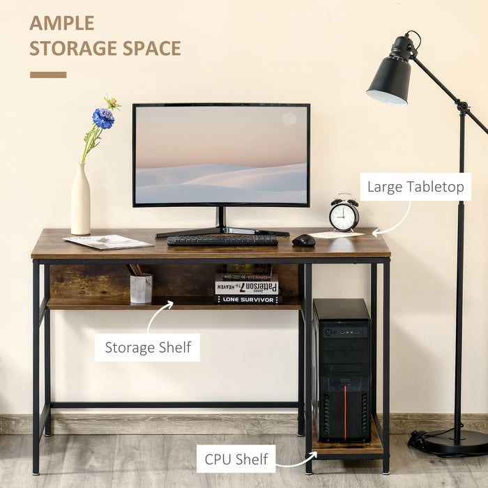 Compact Rustic Brown Computer Desk with Storage Shelf - Sturdy Writing Study and Gaming Workstation for Home Office - Ideal for Small Spaces and PC Users