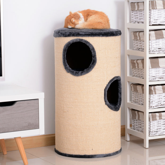 Plush Cat Tree Tower - Ф38x70H cm Two-Toned Beige/Grey Design - Perfect Climbing & Lounging Solution for Cats