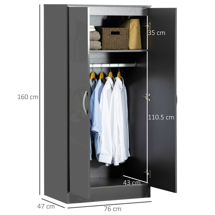 High Gloss Grey Wardrobe with Hanging Rod and Shelf - 2-Door Clothes Organizer with Anti-Tip Safety - Ideal Bedroom Storage Solution