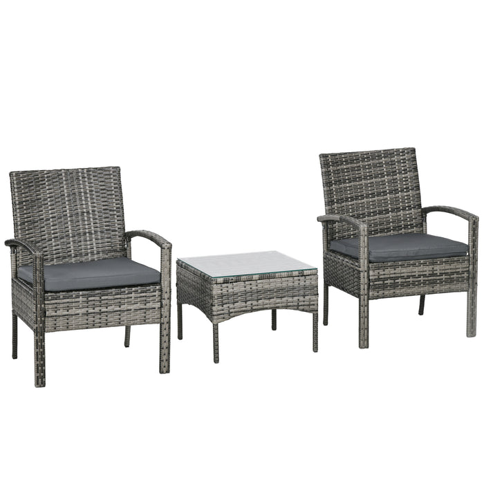 Outdoor Rattan Bistro Set - 3-Piece Patio Wicker with Coffee Table and Cushioned Chairs, Mixed Grey - Ideal for Balcony and Conservatory Spaces