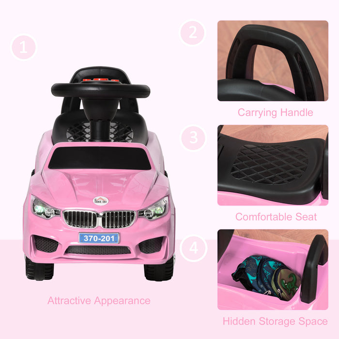 Toddler Sliding Ride-On Car with Music and Horn - Foot to Floor Slider Stroller with Working Lights and Hidden Storage - Large Steering Wheel, Pink, Ideal for Active Kids