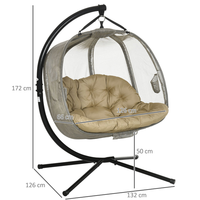 Double Hanging Egg Chair - 2-Person Patio Swing with Cushion and Foldable Stand - Ideal for Indoor/Outdoor Relaxation, Brown