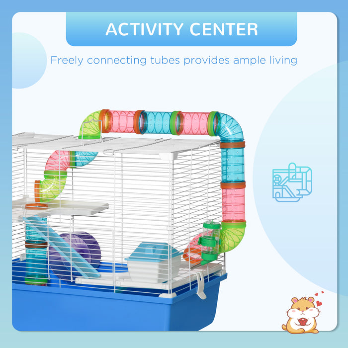 Spacious 3-Level Hamster Habitat - Includes Tunnel, Wheel, Water Bottle, Food Dish & Accessories - Perfect Home for Small Rodents with Cozy Hut and Ramps