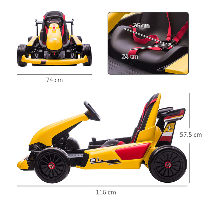 Electric Go-Kart for Kids - Adjustable Footrest, Reversible Steering, 12V Rechargeable Battery, Dual-Speed Racing Kart in Yellow - Perfect Ride-On for Young Racers