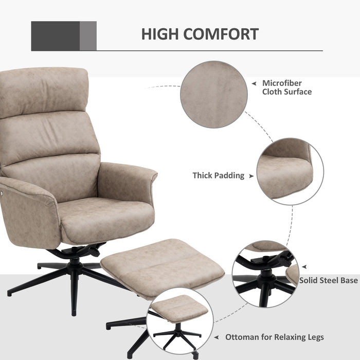 Adjustable Swivel Recliner Chair with Matching Footstool - Upholstered Reclining Armchair, Khaki, with Removable Headrest - Comfortable Lounge Seating for Home & Office Use