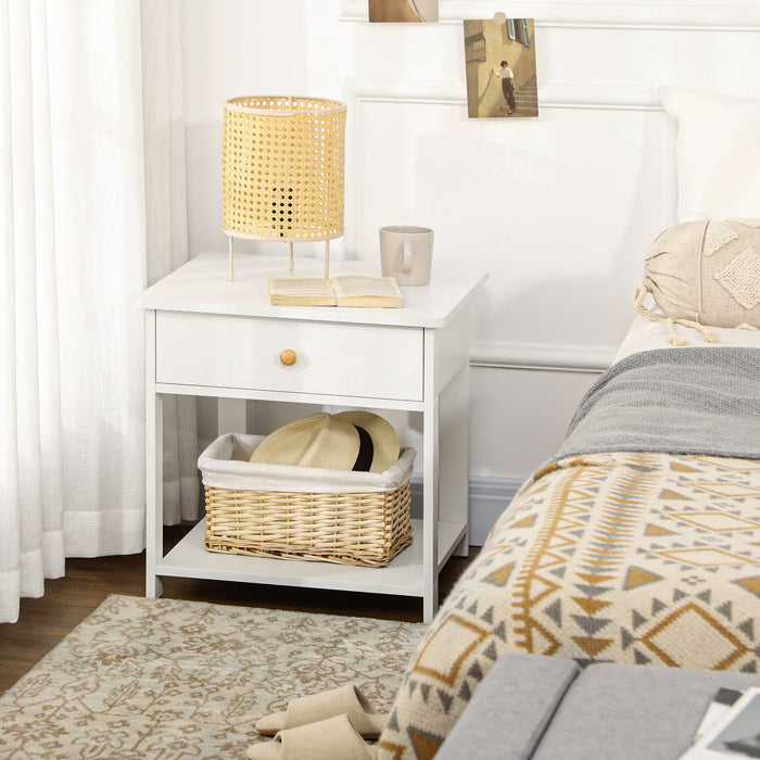 White Bedside Table with Storage - Square Side End Table with Drawer & Lower Shelf - Functional Nightstand for Bedroom, Living Room Spaces