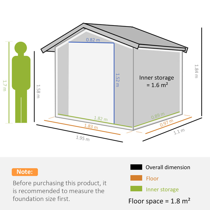 Metal Garden Shed 6.4 x 3.6 ft - Double Sliding Doors with Air Vents, Tool Organizer - Ideal for Backyard Patio Lawn Storage, Grey Color