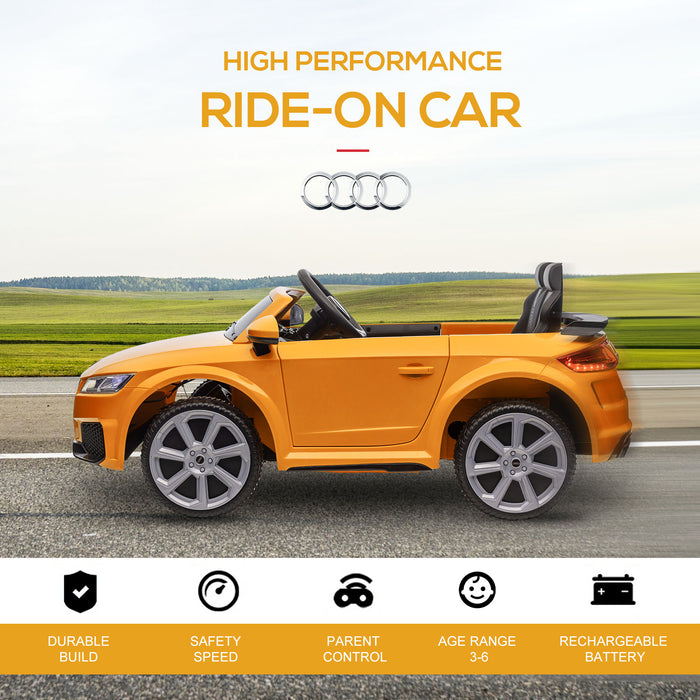 Kids Licensed Audi TT RS - Electric Ride-On Car with Remote, 12V Battery, Suspension, Headlights, MP3 Player, 3km/h in Yellow - Fun Driving Experience for Children