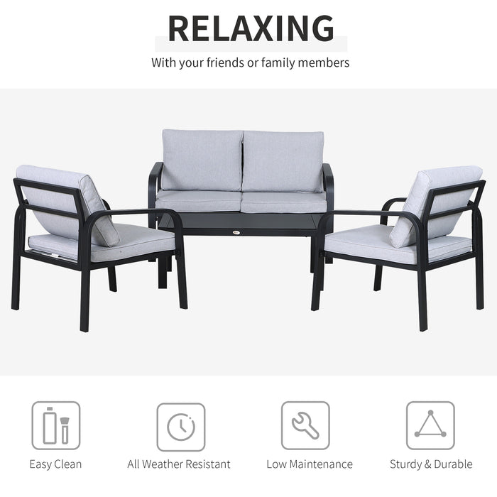 Aluminium Frame 4-Piece Garden Dining Set - Includes 2 Chairs, Sofa, Glass Top Table, and Foam Cushions, Contemporary Design - Perfect for Outdoor Entertainment and Relaxation in Grey and Black