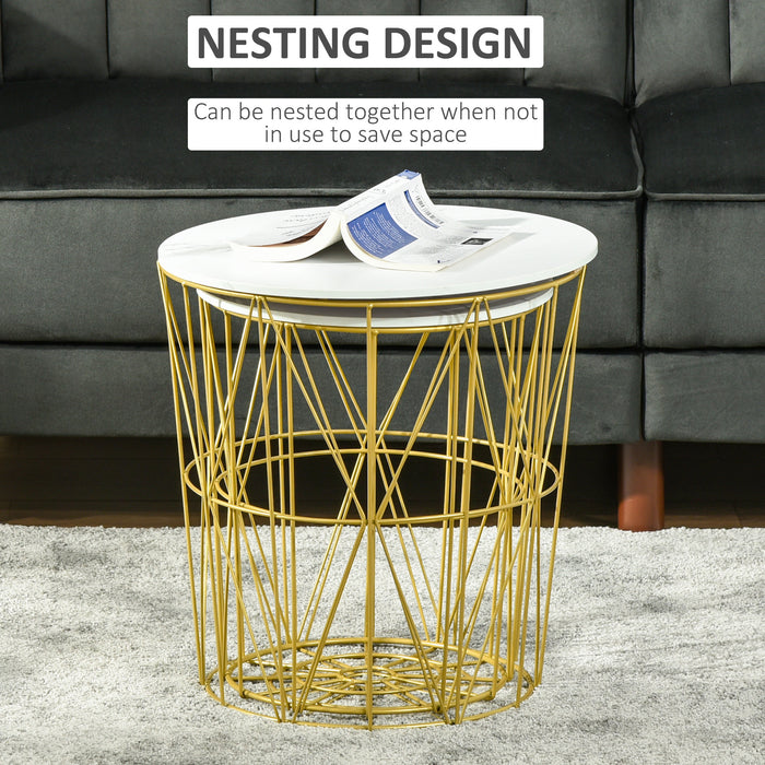 Round Nesting Side & End Tables with Storage - Steel Frame with Removable Tops, Set of 2 in White - Space-Saving Furniture for Small Apartments