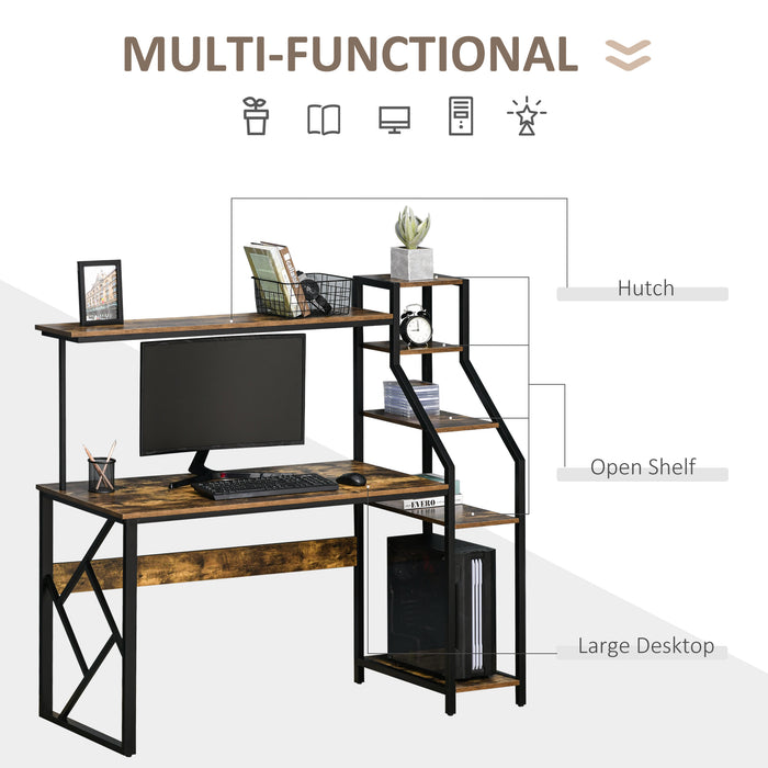 Industrial-Style Computer Desk - Home Office Study Table with 6-Tier Shelves and Rustic Brown Finish - Space-Saving Workstation for Small Areas